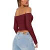 imageREORIA Womens Sexy Off Shoulder Long Sleeve Basic Shirts Double Lined Slim Fitted Trendy Lightweight Y2K Going Out Crop TopBurgundy