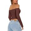 imageREORIA Womens Sexy Off Shoulder Long Sleeve Basic Shirts Double Lined Slim Fitted Trendy Lightweight Y2K Going Out Crop TopCocoa