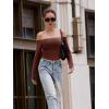 imageREORIA Womens Sexy Off Shoulder Long Sleeve Basic Shirts Double Lined Slim Fitted Trendy Lightweight Y2K Going Out Crop TopCocoa