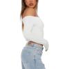imageREORIA Womens Sexy Off Shoulder Long Sleeve Basic Shirts Double Lined Slim Fitted Trendy Lightweight Y2K Going Out Crop TopWhite