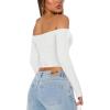 imageREORIA Womens Sexy Off Shoulder Long Sleeve Basic Shirts Double Lined Slim Fitted Trendy Lightweight Y2K Going Out Crop TopWhite