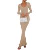 imageREORIA Womens Sexy Scoop Neck Long Sleeve Lounge Long Dress Ribbed Bodycon Maxi DressesKhaki