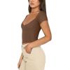 imageREORIA Womens Trendy Sexy V Neck Short Sleeve Double Lined Slimming T Shirts Crop Tops TeesCoffee