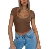 imageREORIA Womens Trendy Sexy V Neck Short Sleeve Double Lined Slimming T Shirts Crop Tops TeesCoffee