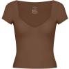 imageREORIA Womens Trendy Sexy V Neck Short Sleeve Double Lined Slimming T Shirts Crop Tops TeesCoffee
