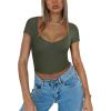 imageREORIA Womens Trendy Sexy V Neck Short Sleeve Double Lined Slimming T Shirts Crop Tops TeesGrey Green