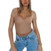 imageREORIA Womens Trendy Sexy V Neck Short Sleeve Double Lined Slimming T Shirts Crop Tops TeesKhaki