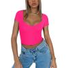 imageREORIA Womens Trendy Sexy V Neck Short Sleeve Double Lined Slimming T Shirts Crop Tops TeesNeon Rose Red