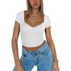imageREORIA Womens Trendy Sexy V Neck Short Sleeve Double Lined Slimming T Shirts Crop Tops TeesWhite