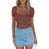 imageREORIA Womens Cute Ruched Sweetheart Neck Short Sleeve Going Out Y2K Trendy T Shirts Crop Tops TeesCoffee