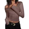imageREORIA Womens Off The Shoulder Tops Double Lined Tight Long Sleeve Shirt Ruched Mesh Crop Top Y2k Going Out TopsLatte