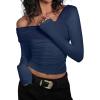 imageREORIA Womens Off The Shoulder Tops Double Lined Tight Long Sleeve Shirt Ruched Mesh Crop Top Y2k Going Out TopsStarry Blue