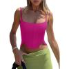 imageREORIA Womens Sexy Square Neck Trendy Sleeveless Adjustable Spaghetti Strap Corset Tank Crop TopsNeon Rose Red