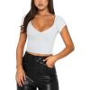 imageREORIA Womens Trendy Sexy V Neck Short Sleeve Double Lined Slimming T Shirts Crop Tops TeesWhite
