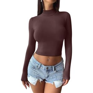imageREORIA Womens Basic Mock Turtle Neck Long Sleeve Lightweight Double Lined Layering Slim Fitted Crop TopCocoa
