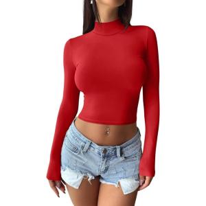 imageREORIA Womens Basic Mock Turtle Neck Long Sleeve Lightweight Double Lined Layering Slim Fitted Crop TopRed