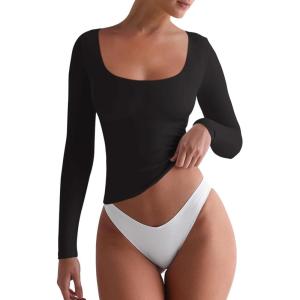 imageREORIA Womens Basic Square Neck Long Sleeve Shirts Double Lined Tops Tight Shirts Fall Outfits 2025Black