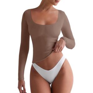imageREORIA Womens Basic Square Neck Long Sleeve Shirts Double Lined Tops Tight Shirts Fall Outfits 2025Light Taupe