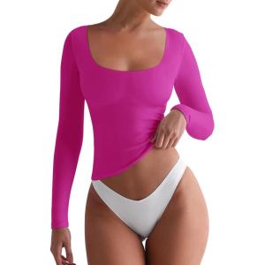 imageREORIA Womens Basic Square Neck Long Sleeve Shirts Double Lined Tops Tight Shirts Fall Outfits 2025Neon Rose Red