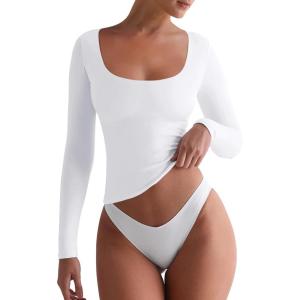 imageREORIA Womens Basic Square Neck Long Sleeve Shirts Double Lined Tops Tight Shirts Fall Outfits 2025White