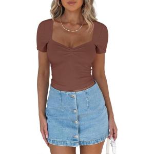 imageREORIA Womens Cute Ruched Sweetheart Neck Short Sleeve Going Out Y2K Trendy T Shirts Crop Tops TeesCoffee