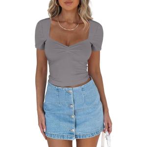 imageREORIA Womens Cute Ruched Sweetheart Neck Short Sleeve Going Out Y2K Trendy T Shirts Crop Tops TeesDark Grey