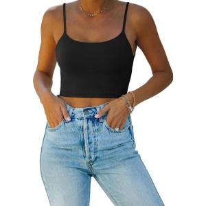 imageREORIA Womens Sexy Adjustable Spaghetti Strap Double Lined Seamless Camisole Tank Yoga Basic Crop TopsBlack