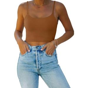 imageREORIA Womens Sexy Adjustable Spaghetti Strap Double Lined Seamless Camisole Tank Yoga Basic Crop TopsBrown