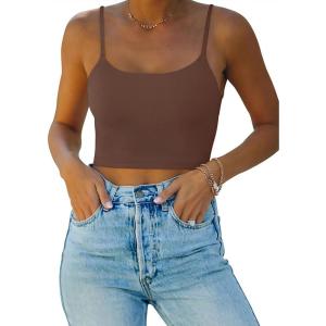 imageREORIA Womens Sexy Adjustable Spaghetti Strap Double Lined Seamless Camisole Tank Yoga Basic Crop TopsCoffee