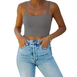 imageREORIA Womens Sexy Adjustable Spaghetti Strap Double Lined Seamless Camisole Tank Yoga Basic Crop TopsDeep Grey