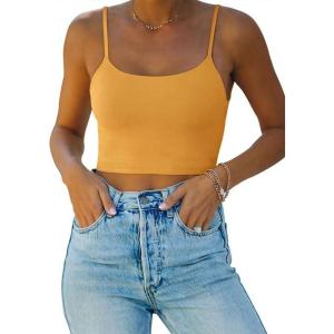 imageREORIA Womens Sexy Adjustable Spaghetti Strap Double Lined Seamless Camisole Tank Yoga Basic Crop TopsGolden