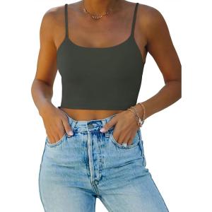 imageREORIA Womens Sexy Adjustable Spaghetti Strap Double Lined Seamless Camisole Tank Yoga Basic Crop TopsGrey