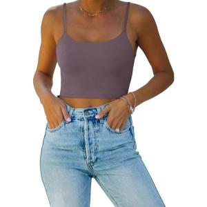 imageREORIA Womens Sexy Adjustable Spaghetti Strap Double Lined Seamless Camisole Tank Yoga Basic Crop TopsGrey Purple