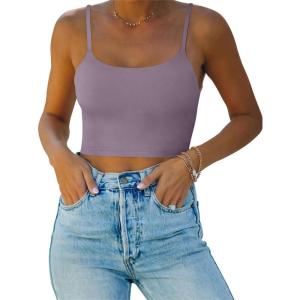 imageREORIA Womens Sexy Adjustable Spaghetti Strap Double Lined Seamless Camisole Tank Yoga Basic Crop TopsHazy Lilac