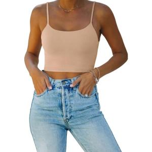 imageREORIA Womens Sexy Adjustable Spaghetti Strap Double Lined Seamless Camisole Tank Yoga Basic Crop TopsNude