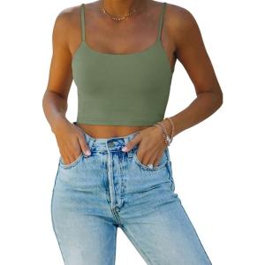 imageREORIA Womens Sexy Adjustable Spaghetti Strap Double Lined Seamless Camisole Tank Yoga Basic Crop TopsOlive Green