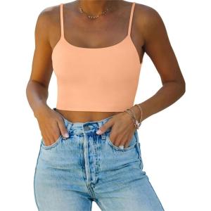 imageREORIA Womens Sexy Adjustable Spaghetti Strap Double Lined Seamless Camisole Tank Yoga Basic Crop TopsPeach Fuzz