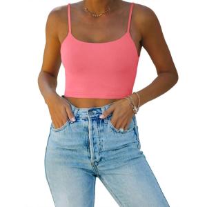 imageREORIA Womens Sexy Adjustable Spaghetti Strap Double Lined Seamless Camisole Tank Yoga Basic Crop TopsPeach Pink