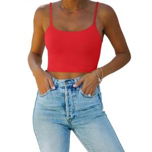 imageREORIA Womens Sexy Adjustable Spaghetti Strap Double Lined Seamless Camisole Tank Yoga Basic Crop TopsRed