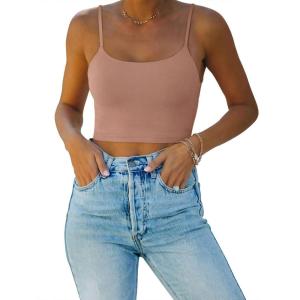 imageREORIA Womens Sexy Adjustable Spaghetti Strap Double Lined Seamless Camisole Tank Yoga Basic Crop TopsSienna