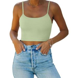 imageREORIA Womens Sexy Adjustable Spaghetti Strap Double Lined Seamless Camisole Tank Yoga Basic Crop TopsTender Greens