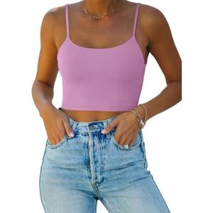 imageREORIA Womens Sexy Adjustable Spaghetti Strap Double Lined Seamless Camisole Tank Yoga Basic Crop TopsViolet