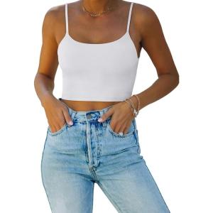 imageREORIA Womens Sexy Adjustable Spaghetti Strap Double Lined Seamless Camisole Tank Yoga Basic Crop TopsWhite