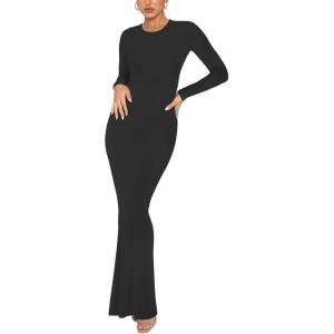 imageREORIA Womens Sexy Crew Neck Lounge Long Dress Elegant Long Sleeve Ribbed Bodycon Maxi DressesBlack