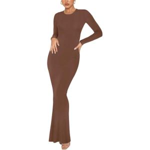 imageREORIA Womens Sexy Crew Neck Lounge Long Dress Elegant Long Sleeve Ribbed Bodycon Maxi DressesCoffee
