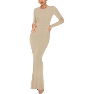 imageREORIA Womens Sexy Crew Neck Lounge Long Dress Elegant Long Sleeve Ribbed Bodycon Maxi DressesKhaki