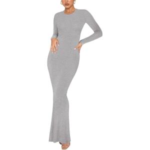 imageREORIA Womens Sexy Crew Neck Lounge Long Dress Elegant Long Sleeve Ribbed Bodycon Maxi DressesLight Grey