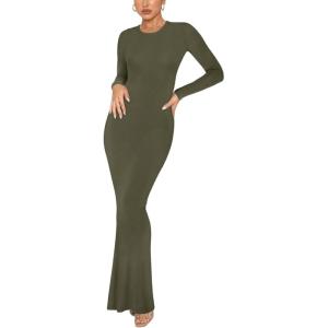 imageREORIA Womens Sexy Crew Neck Lounge Long Dress Elegant Long Sleeve Ribbed Bodycon Maxi DressesOlive Green