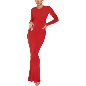 imageREORIA Womens Sexy Crew Neck Lounge Long Dress Elegant Long Sleeve Ribbed Bodycon Maxi DressesRed
