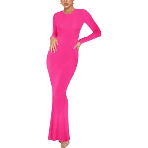 imageREORIA Womens Sexy Crew Neck Lounge Long Dress Elegant Long Sleeve Ribbed Bodycon Maxi DressesRose Red
